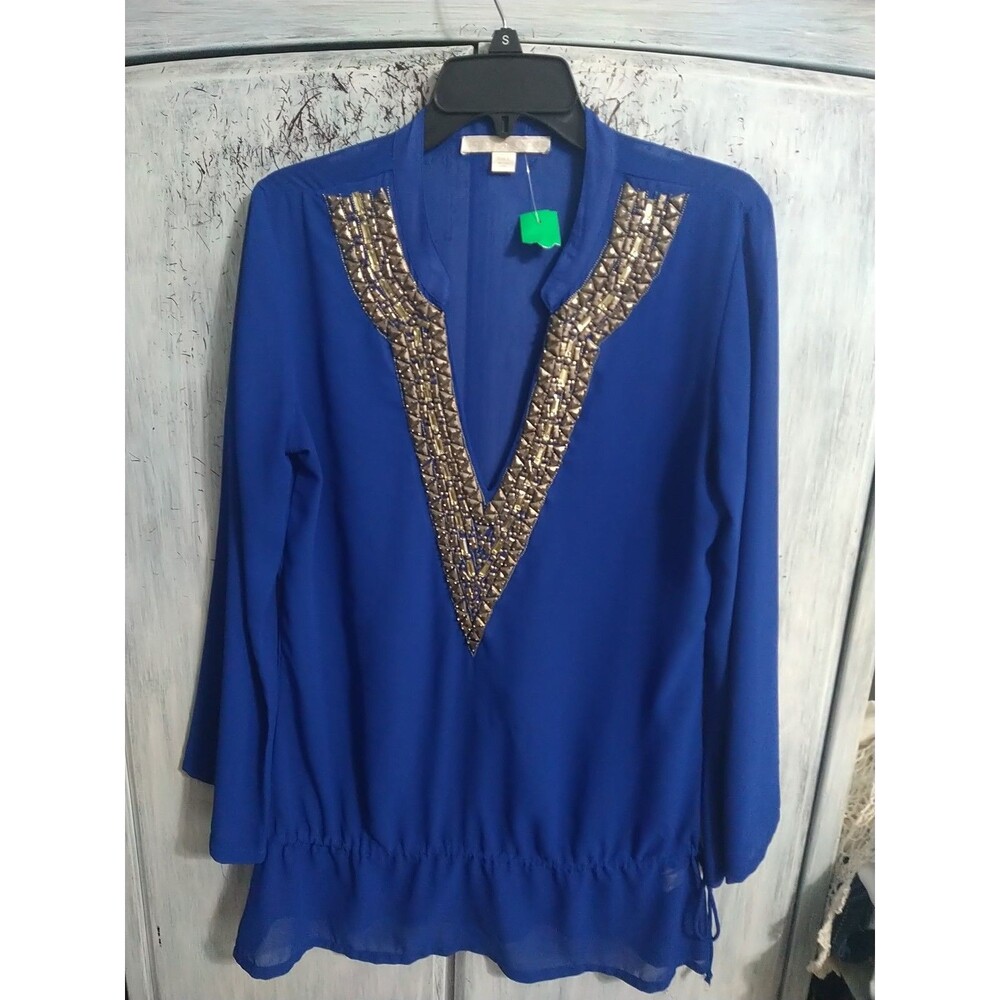 Boston Proper Sheer V-neck Embellished Long Sleeve Top Blue Classy Small